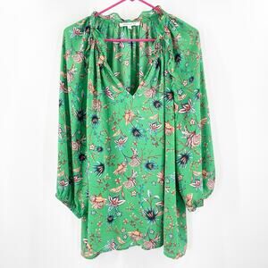 Rose + Olive Blouse Size 2X Green Floral Ruffle Blouson Sleeves Plus Curvy Top